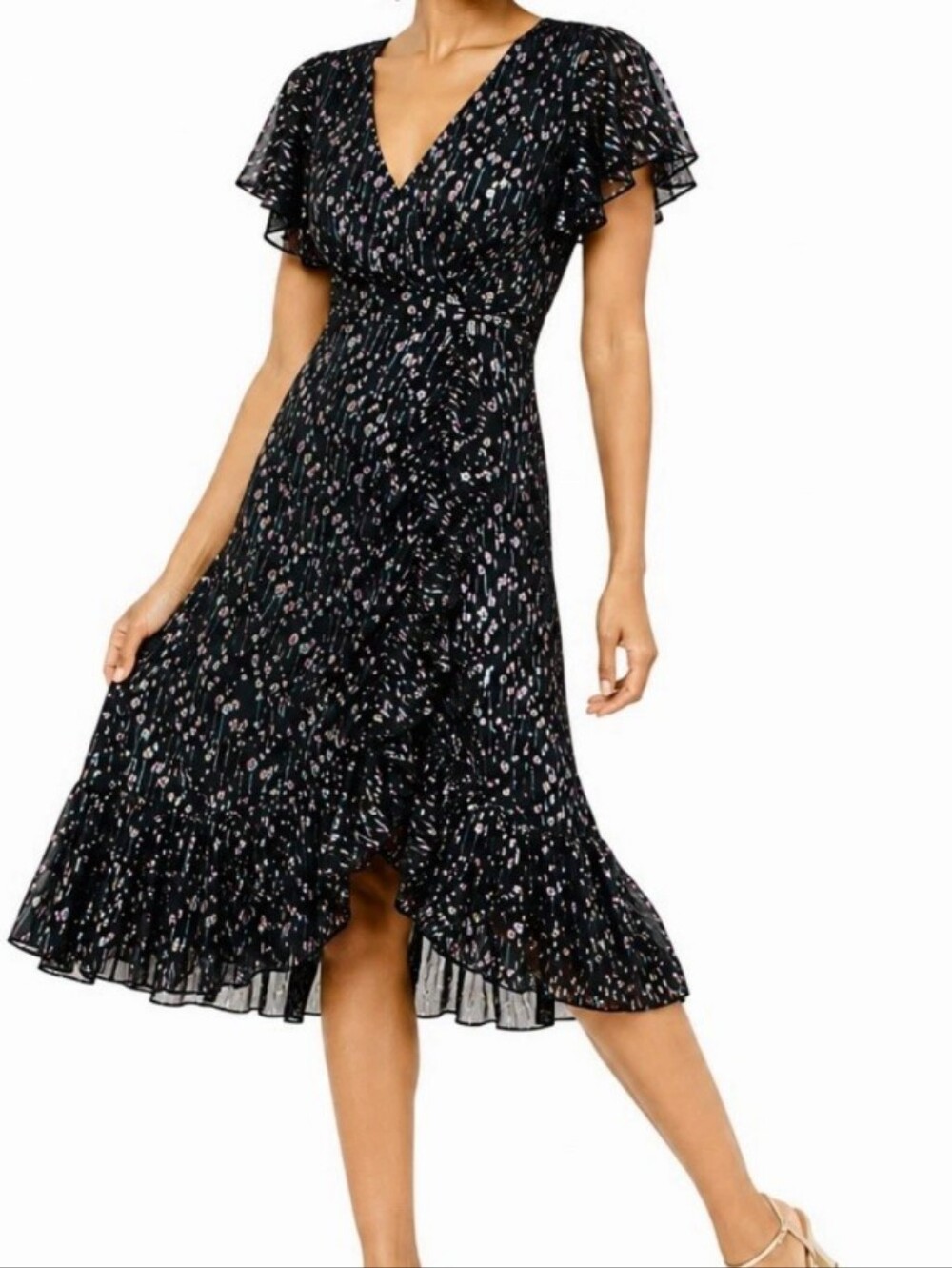 Mestiza Valora Midi Dress Black Metallic Flutter Sleeve Size 2